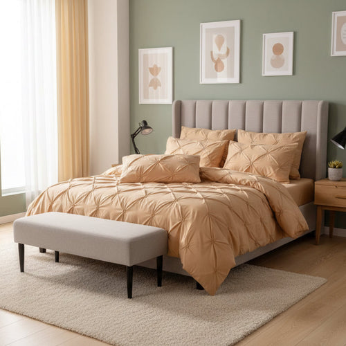 Premium king size 6 pieces bedding Set, pinch pleat design Gold color. - BusDeals