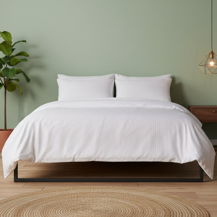 Premium King Size 6 Pieces Bedding Set without filler, Solid White Color, Satin Stripe Design - BusDeals