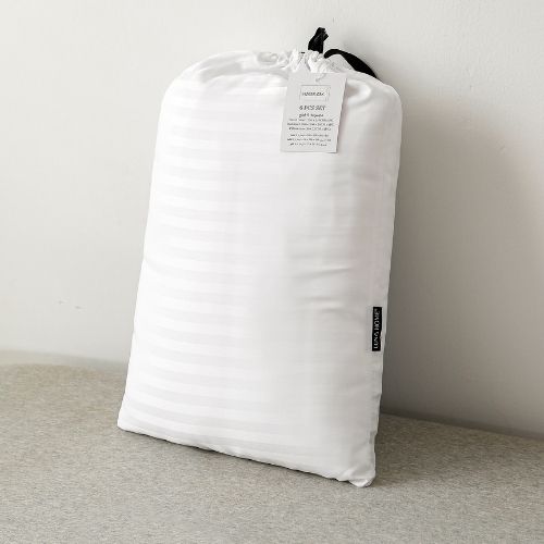 Premium King Size 6 Pieces Bedding Set without filler, Solid White Color, Satin Stripe Design - BusDeals