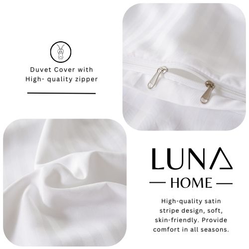 Premium King Size 6 Pieces Bedding Set without filler, Solid White Color, Satin Stripe Design - BusDeals
