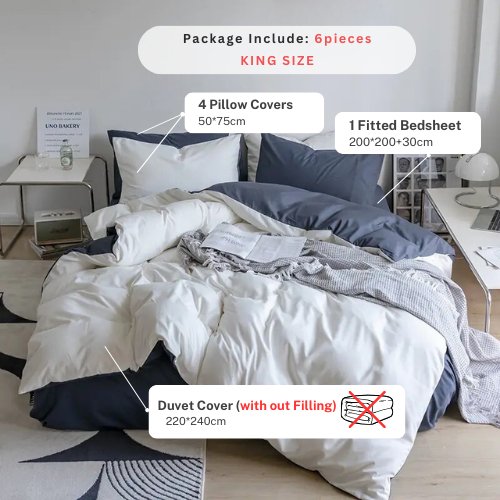 Premium King Size 6 Pieces Duvet Cover Set, Reversible White with Gray Color Plain Style Bedding Set. - BusDeals