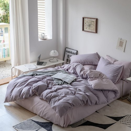 Premium King Size 6 Pieces Korean Reversible Bedding Set, Plain Purple and Light Purple Color. - BusDeals