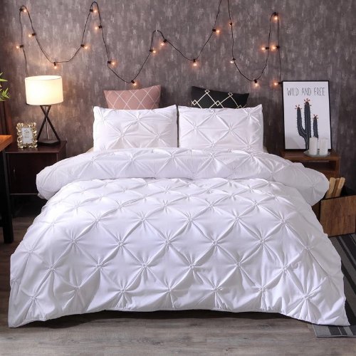 Premium King Size 6 Pieces Pinch Pleat Plain Pearl White, Bedding Set - BusDeals
