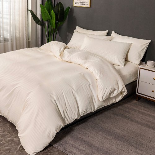Premium King Size 6 Pieces Plain cream striped design, bedding set - BusDeals