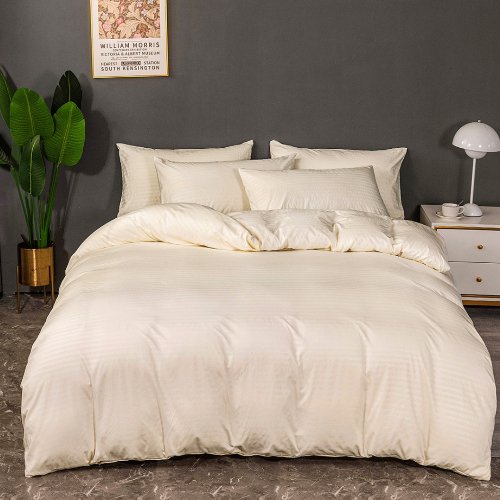 Premium King Size 6 Pieces Plain cream striped design, bedding set - BusDeals