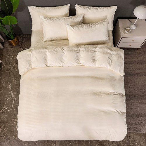 Premium King Size 6 Pieces Plain cream striped design, bedding set - BusDeals