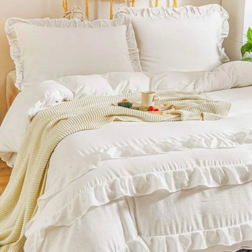 Premium King size 6 pieces without filler, Plain color ruffles design, Bedding Set - BusDeals