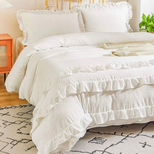 Premium King size 6 pieces without filler, Plain color ruffles design, Bedding Set - BusDeals