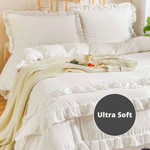 Premium King size 6 pieces without filler, Plain color ruffles design, Bedding Set - BusDeals