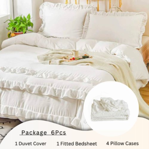 Premium King size 6 pieces without filler, Plain color ruffles design, Bedding Set - BusDeals