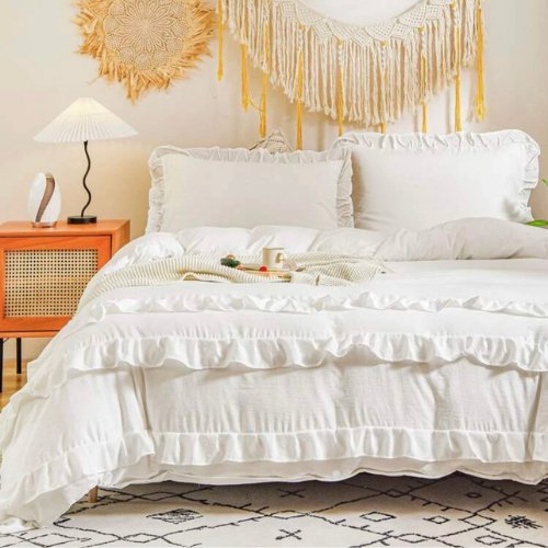 Premium King size 6 pieces without filler, Plain color ruffles design, Bedding Set - BusDeals