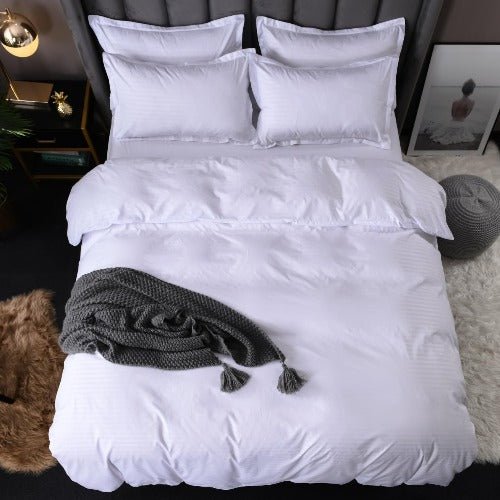 Premium King size Plain white striped design, bedding set of 6 pieces - BusDeals
