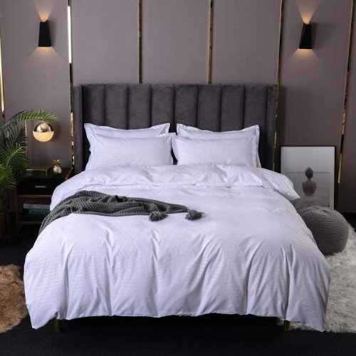 Premium King size Plain white striped design, bedding set of 6 pieces - BusDeals