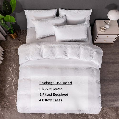 Premium King size Plain white striped design, bedding set of 6 pieces without filler - BusDeals