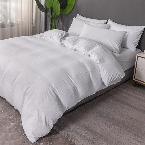 Premium King size Plain white striped design, bedding set of 6 pieces without filler - BusDeals