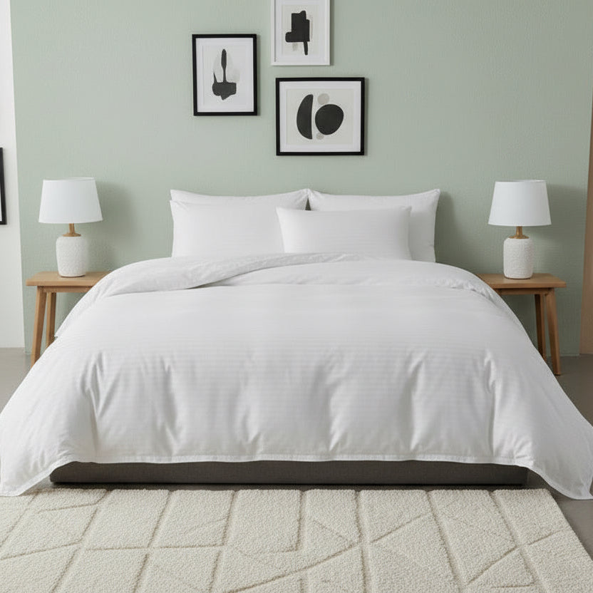 Premium King size Plain white striped design, bedding set of 6 pieces without filler - BusDeals