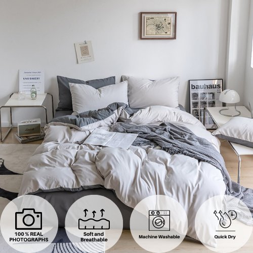 Premium Korean Single size 4 Pieces Reversible Constructor Design with 2 Attractive Pillow Covers, Plain Dark Grey Bedsheet and Plain Grey Duvet Cover without filler. - BusDeals