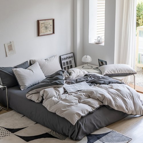 Premium Korean Single size 4 Pieces Reversible Constructor Design with 2 Attractive Pillow Covers, Plain Dark Grey Bedsheet and Plain Grey Duvet Cover without filler. - BusDeals