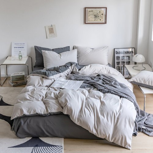 Premium Korean Single size 4 Pieces Reversible Constructor Design with 2 Attractive Pillow Covers, Plain Dark Grey Bedsheet and Plain Grey Duvet Cover without filler. - BusDeals
