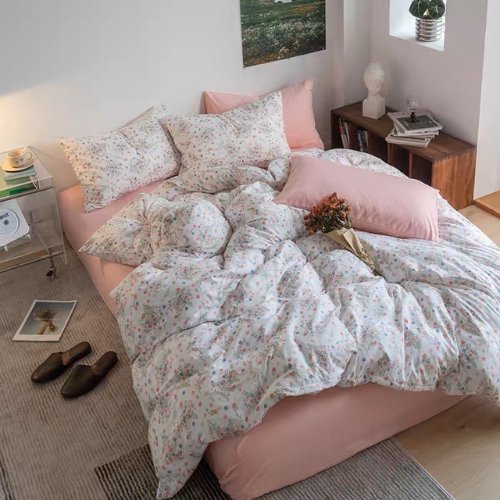 Premium Single size 4 Pieces Retro Style with Candy Pink Color Bedsheet Postoral Printed Bedding Set without filler. - BusDeals