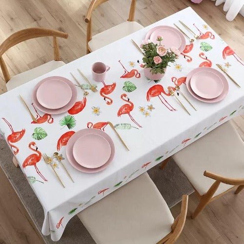 PVC table cloth (140*180 CM) waterproof and oil-proof, Flamingo design white color - BusDeals