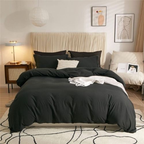 Queen size 6 Pieces Bedding set, Washable Cotton Black Color - BusDeals