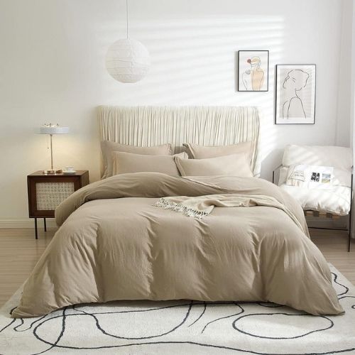Queen Size 6 Pieces Bedding set, Washable Cotton Dark Beige Color. - BusDeals