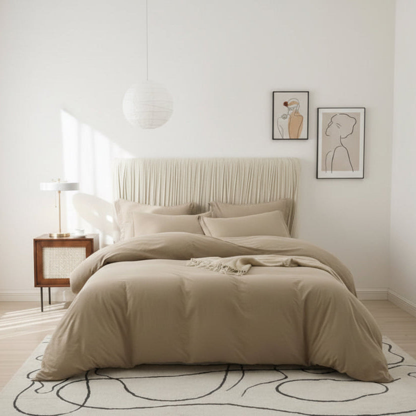 Queen Size 6 Pieces Bedding set, Washable Cotton Dark Beige Color. - BusDeals