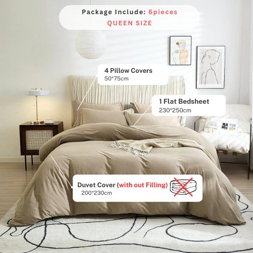Queen Size 6 Pieces Bedding set, Washable Cotton Dark Beige Color. - BusDeals