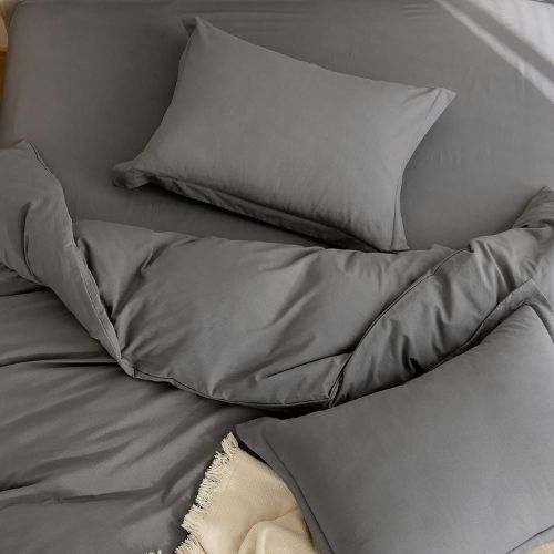 Queen size 6 Pieces Bedding Set, Washable Cotton Dark Gray Color - BusDeals