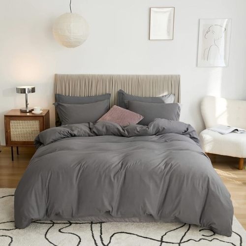 Queen size 6 Pieces Bedding Set, Washable Cotton Dark Gray Color - BusDeals