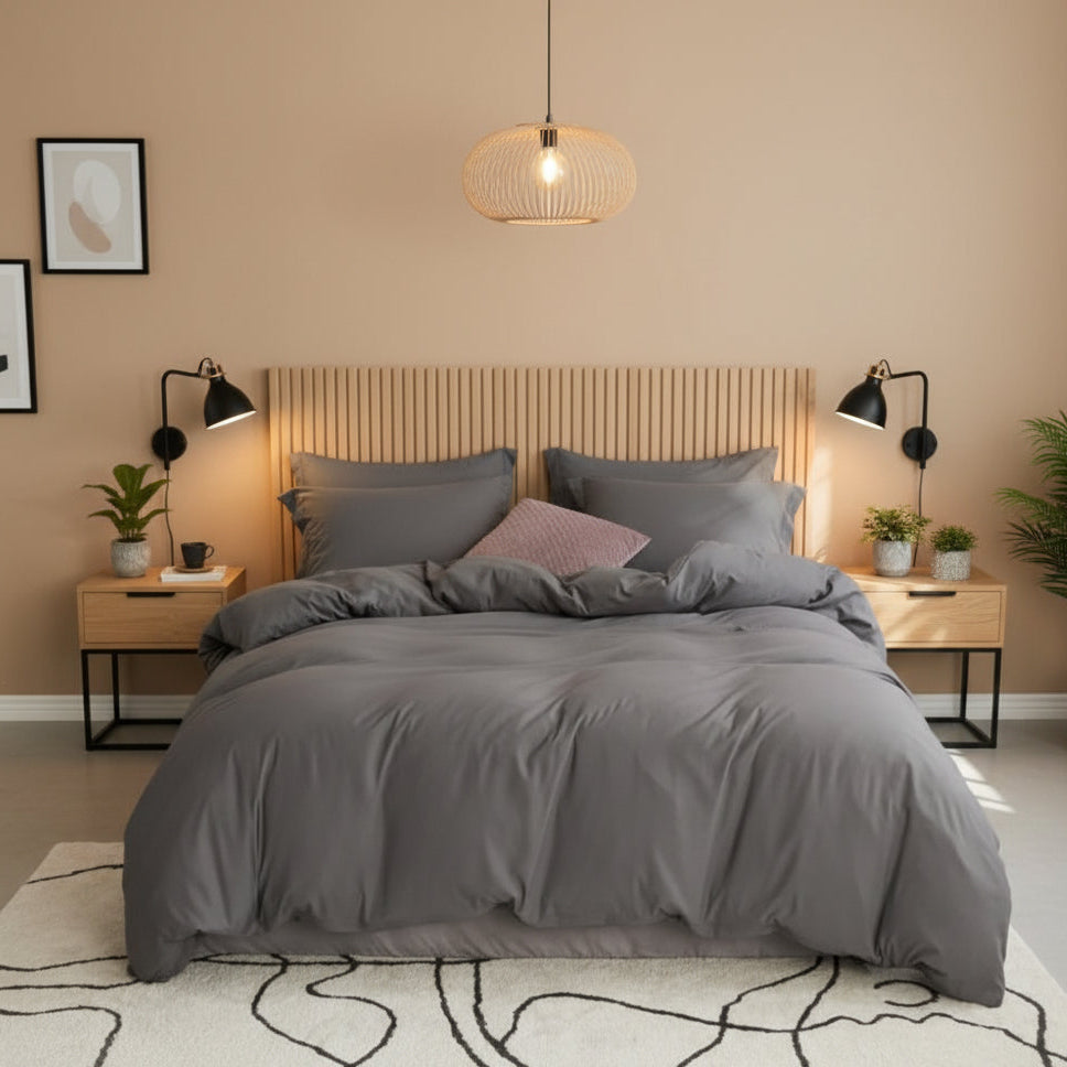 Queen size 6 Pieces Bedding Set, Washable Cotton Dark Gray Color - BusDeals