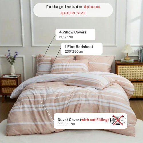 Queen size 6 pieces, Coral Stripe Design Duvet cover set. - BusDeals
