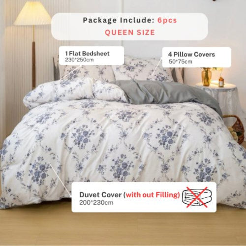 Queen/Double size 6 pieces Bedding Set without filler, Bohemian with Blue Flowers Design - BusDeals