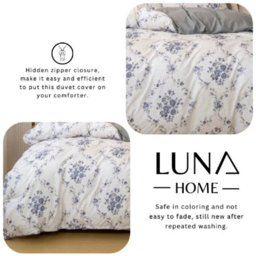 Queen/Double size 6 pieces Bedding Set without filler, Bohemian with Blue Flowers Design - BusDeals