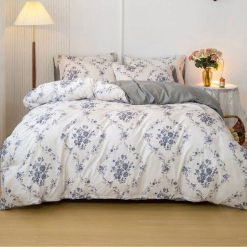 Queen/Double size 6 pieces Bedding Set without filler, Bohemian with Blue Flowers Design - BusDeals