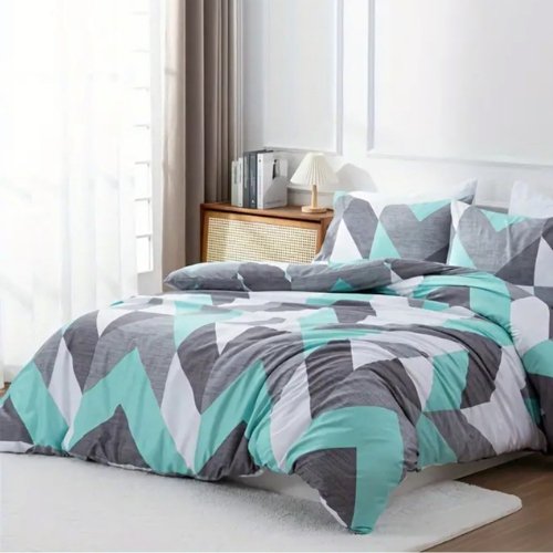 Queen/Double size 6 pieces Bedding Set without filler, Light Blue Geometric Design - BusDeals