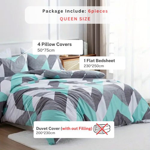 Queen/Double size 6 pieces Bedding Set without filler, Light Blue Geometric Design - BusDeals