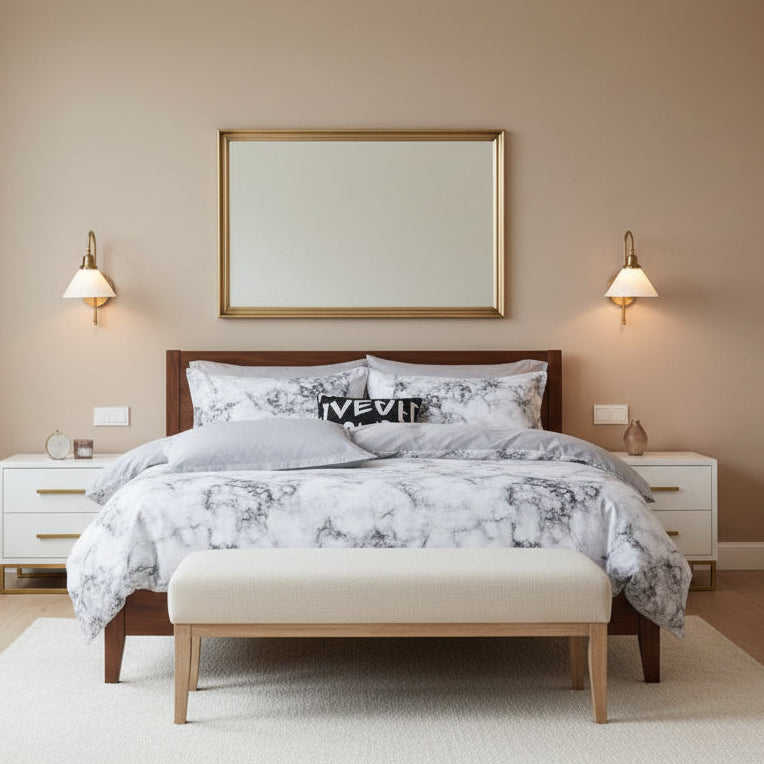 Queen/Double size 6 pieces Bedding Set without filler, Marble Design Grey Color - BusDeals