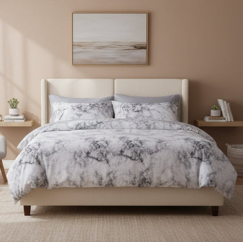 Queen/Double size 6 pieces Bedding Set without filler, Marble Design Grey Color - BusDeals