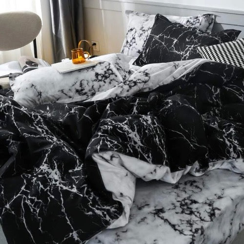 Queen/Double Size 6 Pieces, Charcoal Color Marble Design, Duvet Cover Set without Filler - BusDeals