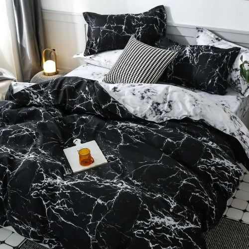 Queen/Double Size 6 Pieces, Charcoal Color Marble Design, Duvet Cover Set without Filler - BusDeals