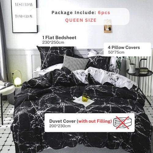 Queen/Double Size 6 Pieces, Charcoal Color Marble Design, Duvet Cover Set without Filler - BusDeals