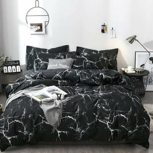 Queen/Double size bedding set of 6 pieces, Black marble design. - BusDeals