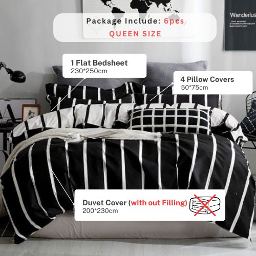 Queen/Double size bedding set of 6 pieces, black&white stripes design. - BusDeals