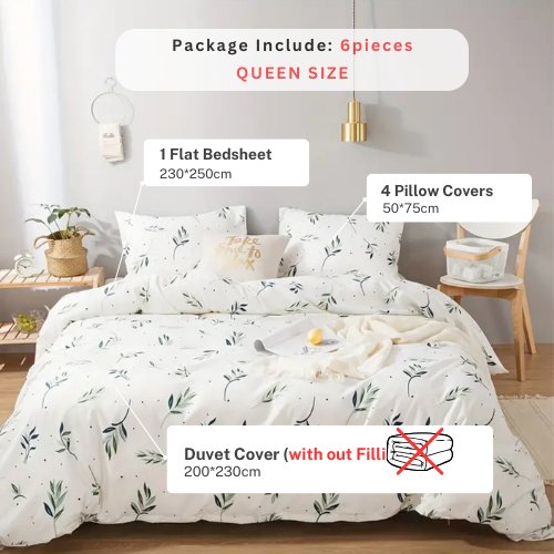 Queen/Double size Bedding Set without filler 6 pieces , Small Green leaves design. - BusDeals