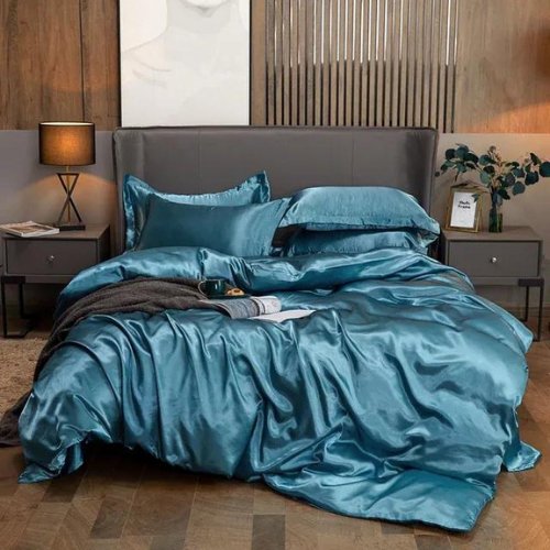 Silky Satin, King Size 6-Piece Bedding Set, Plain Blue Color. - BusDeals