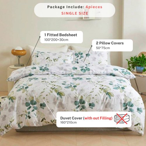 Single Size 4 pieces Bedding set, Green Leaves Design. - BusDeals