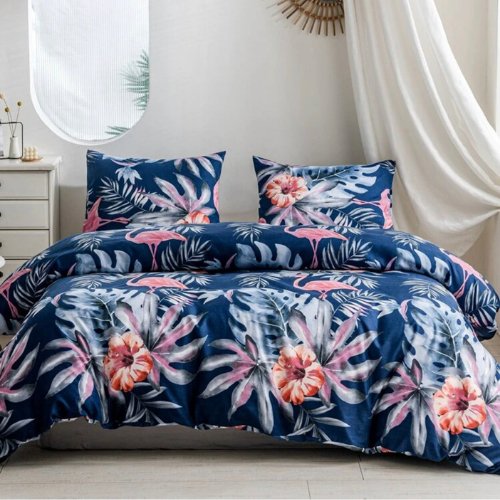 Single size 4 pieces Bedding Set without filler, Flamingo and flower design blue color - BusDeals
