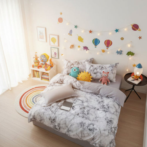 Single size 4 pieces Bedding Set without filler, Marble Design Grey Color - BusDeals